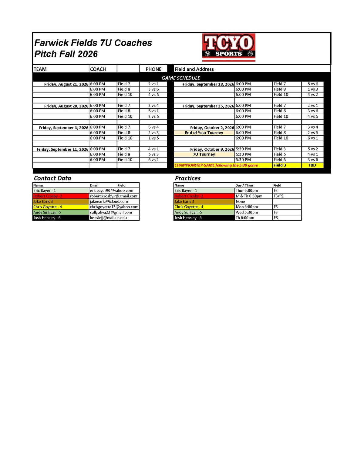 7U Fall Schedule 